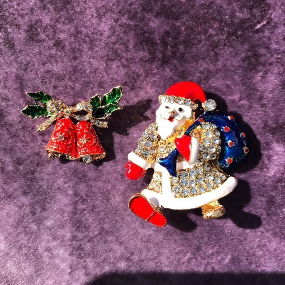 Crystal Santa and Bells Brooch